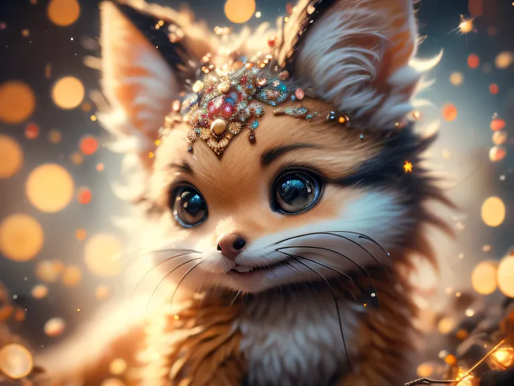 close-up photo super cute, big-eyed, with a soft, gentle nose, fluffy, smiling with two teeth, fennec fox on a natural background, realistic, beautiful, sparkles, stars in the eyes, soft volumetric light, (backlight:1.3), (cinematic:1.2), intricate details...