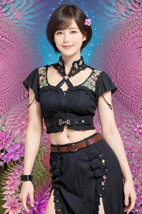 284 (20-year-old woman,short hair) , (A kind smile) , (Colorful flowers) , (Waist belt), (Fractal Art:1.46)