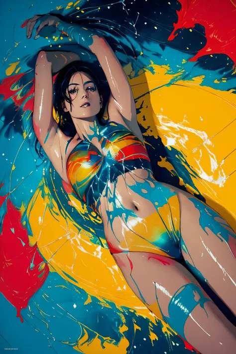 a beautiful ravishing naked woman completely covered in paint floating in a pool, beautiful lighting, upclose, large beautiful d...