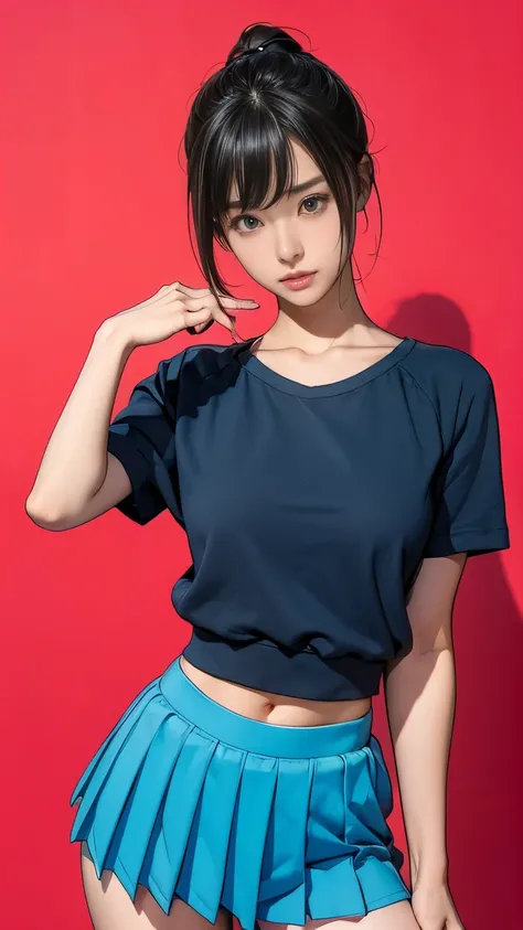 1 girl、A girl wearing a skirt rolled up，Showing off her sweatpants、Black short hair、As cute as an idol、Embarrassed look、Thin、small, Full breasts、Healthy thighs、summer 、Pick up the blue pleated skirt，Lift it up.、Red Sweatpants、Cowboy shooting、Anatomically c...