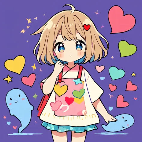 Makoto Shinkai colorful style, Simple Line Initialism，Abstract art，Kawaii Design, The most beautiful girl of all time、chibi, (((Cute amoeba))), colorful hearts, summer version