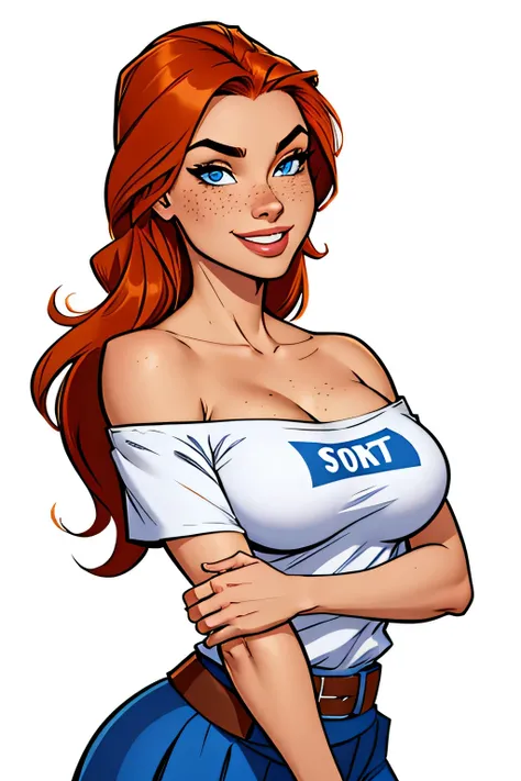 Slim athletic woman, age 25, 8k (High definition), beautiful smiling, seducing gaze, blue colored eyes, teacher wearing a red t-shirt ((off-the-shoulder neckline)), brown belt with a black schoolgirl skirt, Caucasian skin, long straight orange hair ((at sh...