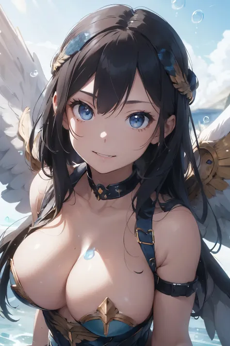 ((Top Quality)), ((Excellent)), (Detailed), ((Valkyrie)), Goddess, Black Hair, ((Baby Face)), (Valkyries are warrior maidens in Greek mythology), ((Sword and Shield)), ((Forehead Protector)), (Straight Hair), Young Girl, Medium Breasts, (Large Wings), ((Wh...