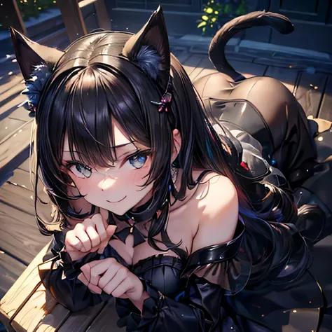  ((masterpiece,best quality,ultra-delicate,Perfect Face,16k,high resolution,very beautiful girl)),black cat girl,smile,black dress,black cat ears,black cat tail,black hair,paw pose,from above