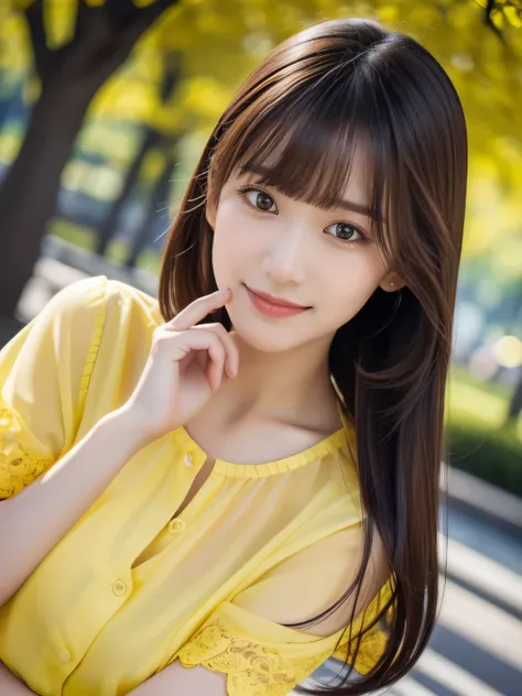 1 girl,(Wearing a yellow short-sleeved blouse:1.2),(RAW Photos, highest quality), (Realistic, Realistic:1.4), Tabletop, Very delicate and beautiful, Very detailed, 2k wallpaper, wonderful, In detail, Very detailed CG Unity 8K wallpaper, Very detailed, High...