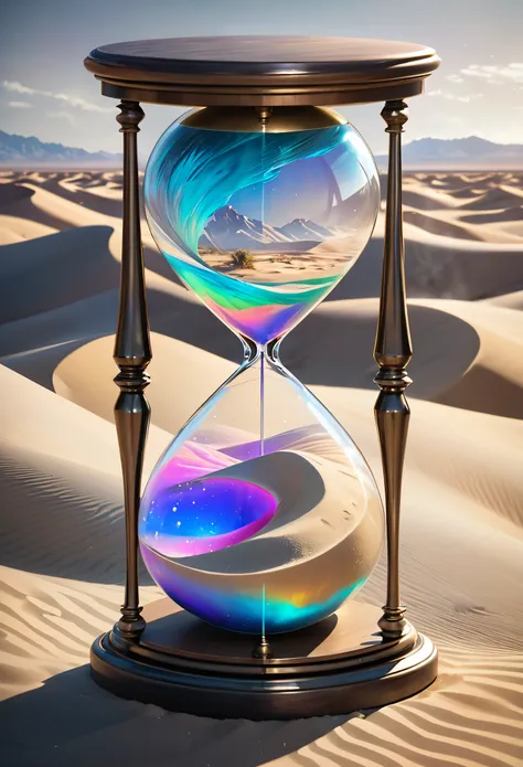 conceptual installation art, desert landscape in hourglass, soft and fluffy iridescent sand, smear effects, iridescent dust sparkle effects, wind effects, delicate and dynamic textures, contrasts of light and shadow, 2.5D, artistic photography, hyper reali...