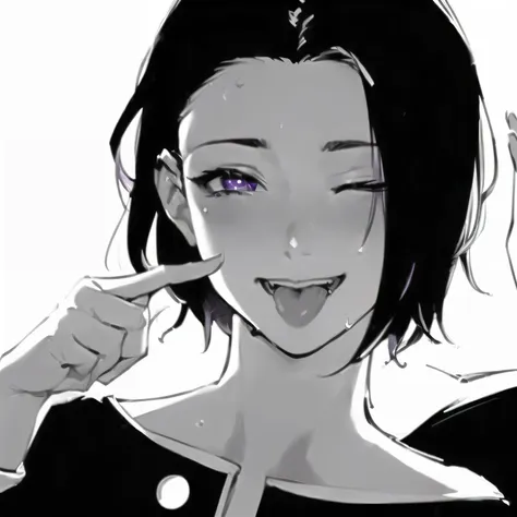 anime girl with black hair and a smile on her face, ;mouth open, androgynous face, dramatic smile pose, perfect anime face, perf...