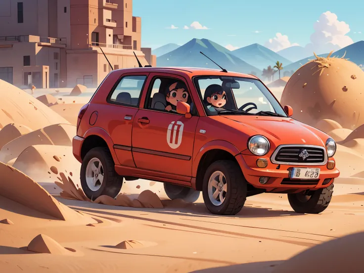 octane rendering、(hyper detail: 1.2)、(soft light、sharp: 1.2)、morning、in the desert、sand pile，very small old red modified minicar...