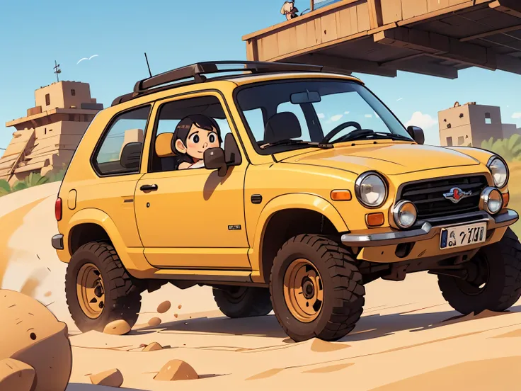 octane rendering、(hyper detail: 1.2)、(soft light、sharp: 1.2)、morning、in the desert、sand pile，very small old red modified minicar...