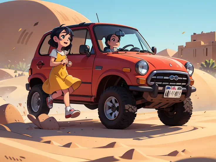 octane rendering、(hyper detail: 1.2)、(soft light、sharp: 1.2)、morning、in the desert、sand pile，very small old red modified minicar...