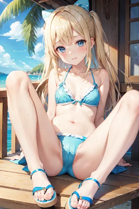 Highest quality、Blonde、Girl in light blue bikini、Wearing Sandals、Seaside village、Sweat、Embarrassing、Sit down and open your legs、Sit and spread your legs