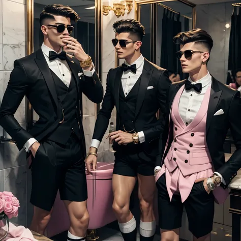 2 two arogant rich fashion preppy white european gay men in black dapper jackets, boxershorts, in their pink luxury socks with s...