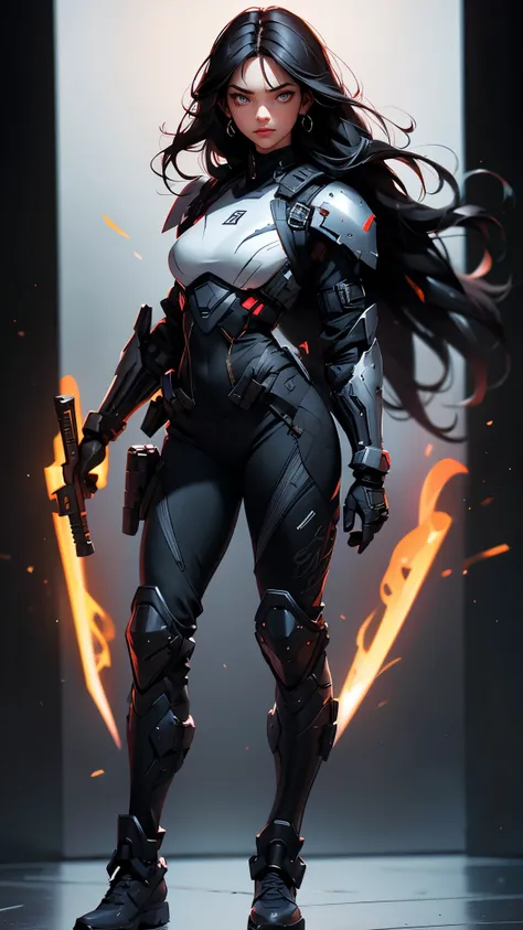 envision a 8k, highres, cinematic, beautiful full body Pinup of a sexy woman with a slender muscular body, strong mature older face, (((long black hair))), side locks, long bangs, silver eyes, ((scar over left eye)), combat uniform, modern armor, tactical ...