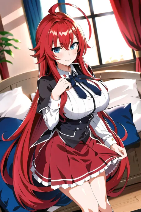 masterpiece, best quality, highres, best quality, highres, rias gremory, 1girl, long hair, maid dress, red hair, ahoge, blue eyes, large breasts, very long hair, breasts, skirt, huge ahoge, socks, standing, indoor, bed, pillow, window