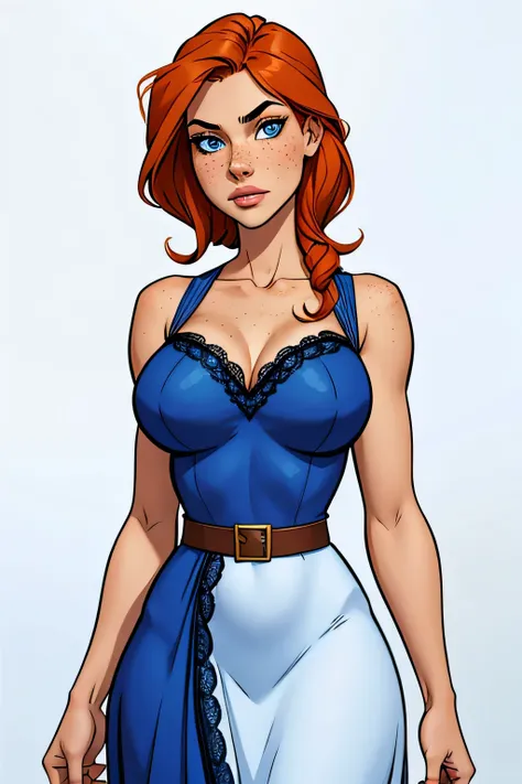 Slim athletic woman, age 25, 8k (High definition), thoughtful, seducing gaze, blue colored eyes, wearing a blue and white medieval dress ((v-neckline, lacy)), brown belt, Caucasian skin, long straight orange hair ((at shoulder height)), standing ((upper bo...