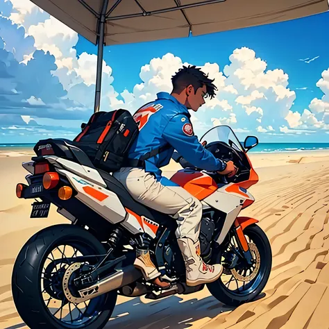 A pizza delivery man on a motorcycle、Under a bright blue sky dotted with clouds、We will proceed through the vast sand dunes.。, Leaves a dramatic sand trail. The vehicle&#39;s bold design and dynamic movement、Evoke a sense of adventure and excitement in a v...