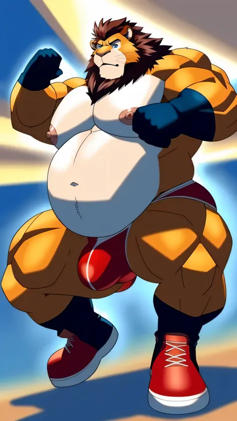 Lion, big belly, large pectorals, muscular arms, thick thighs, male focus, brown short hair, blue eyes, red underwear, black short gloves, red boots, detailed bulge, nipples, fighting pose, full body 