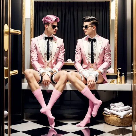 full body view, 2 two arogant rich fashion preppy white european gay men in black dapper jackets, boxershorts, in their pink lux...