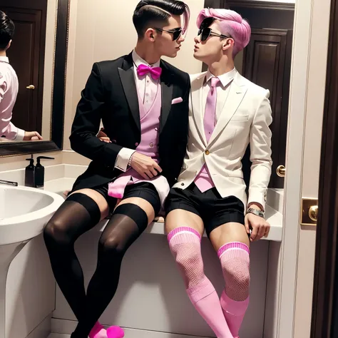 full body view, 2 two arogant rich fashion preppy white european gay men in black dapper jackets, boxershorts, in their pink lux...