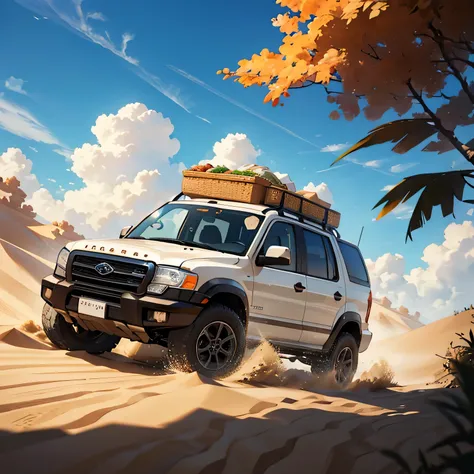 Uber Eats delivery、Under a bright blue sky dotted with clouds、We will proceed through the vast sand dunes.。, Leaves a dramatic sand trail. The vehicle&#39;s bold design and dynamic movement、Evoke a sense of adventure and excitement in a vast desert landsca...