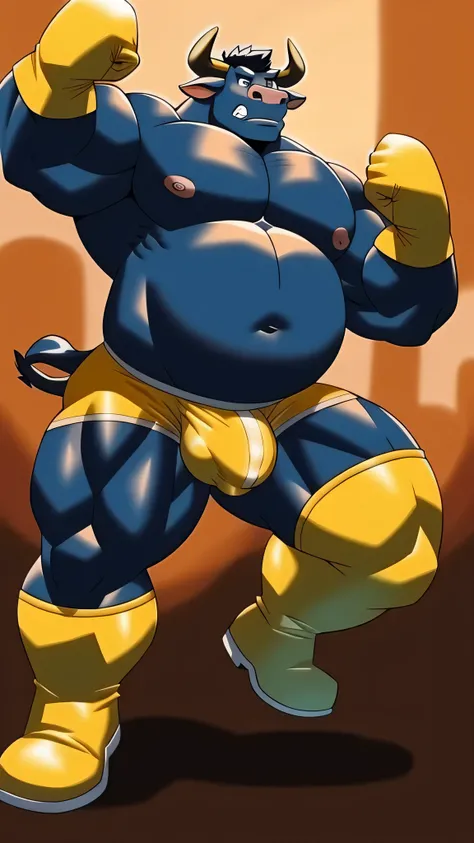 black bull, bovine, big belly, large pectorals, muscular arms, thick thighs, male focus, yellow short, yellow boxing gloves, yellow boots, detailed bulge, nipples, fighting pose, full body 