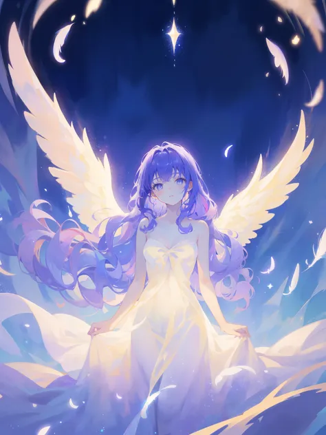 nude angel girl wearing an ethereal translucent dress, pale skin, ((wavy gradient blue purple hair)), white feathers, angel wings, sparkling detailed eyes, golden ratio face, perfect composition, highly detailed, ethereal, (starry night sky background), mi...