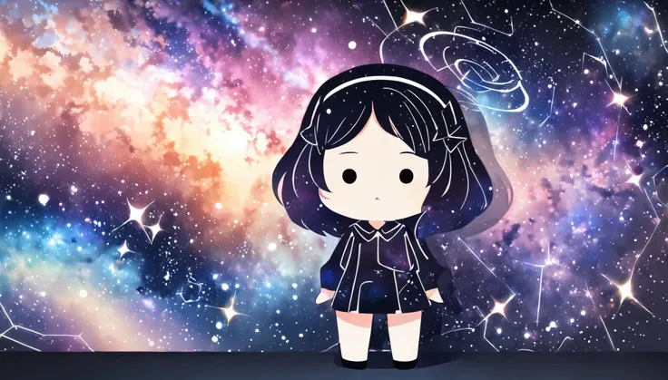 Photorealistic、Chibi girl doll standing in front of a high wall、Simple line initials、Abstract art、Galaxy space background
