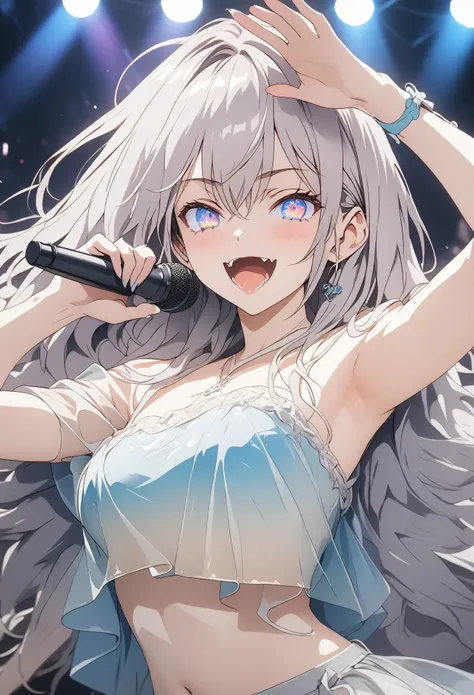 ,solo, colorful eyes,{{{{colorful Eye}}}},open mouth,unparalleled masterpiece,{{perfect female figure}},off-shoulder idol dress, arm up, armpits, midriff, holding microphone, concert, spotlight, glowstick, {{{best quality, very aesthetic, ultra-detailed}}}...