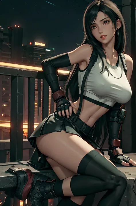 Tifa Lockhart, Final Fantasy VII,,Ankle boots, Black Hair, black skirt, black knee socks, Big Breasts, Cityscape, Crop top, Elbow Gloves, Elbow pads, fingerless gloves, whole body, Headrest, Small face,8 heads,Clear red eyes,lips,View your viewers, low-tie...