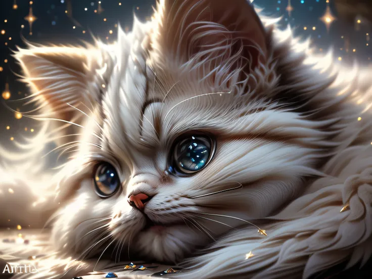 close-up photo super cute, big-eyed, with a soft, gentle nose, fluffy, smiling with two teeth, Persian cat on a natural background, realistic, beautiful, sparkles, stars in the eyes, soft volumetric light, (backlight:1.3), (cinematic:1.2), intricate detail...