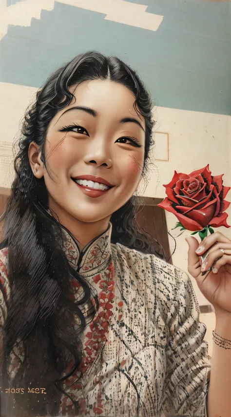 smiling woman holding a red rose in her hand in a room, holding a rose, red rose in hair, with a happy expression, holding a red...