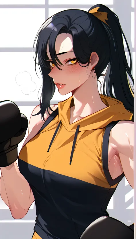 black hair,masterpiece,best quality,highres,ultra-detailed,aashizue,yellow eyes,long hair,(sleeveless hoodie:1.2), boxing gloves, toned, muscular,sweating, (sleeveless:1.4)