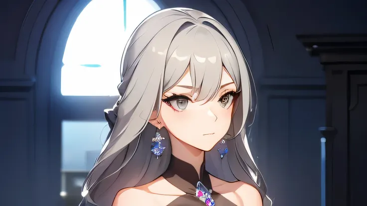 Tall woman with gray hair in a ball gown, see through gown, glittery, off shoulder, elegant, medium breasts, slim body, detailed face, detailed eyes, gray eyes