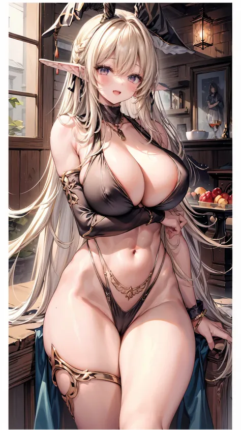 Very detailed、Highest quality、A masterpiece、8k、Blonde Long Hair、Open mouth smiling、Large Breasts、Cowboy Shot、Wearing high cut thong、(SFW Giant Body)、necklace、(highleg:1.5)、(In underwear)、tops、(Arm Sleeves:1.5)、Bracelet