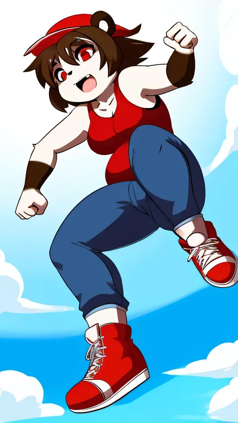 panda, belly, female focus, short brown hair, red eyes, white t-shirt, red vest, blue jeans, red Converse sneakers, red cap, fighting pose, full body 