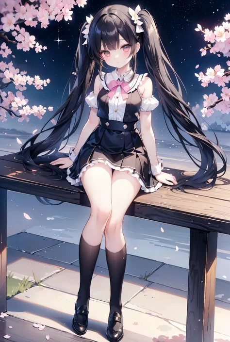 (Masterpiece)、Highest quality、Highest quality、High resolution、Beautiful girl with black hair and twin tails、White knee-high socks、Black Loafers、Shiny Hair、Glowing Skin、mini skirt、Medium chest、Slim body、Natural scenery with cherry blossoms falling、Starry Sk...