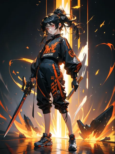 ((best quality)), ((masterpiece)), (detailed), 1girl, streetwear style, half body, thin, white skin, red eyes, serious girl, serious, weapon, small weapon, black clothing, orange details
