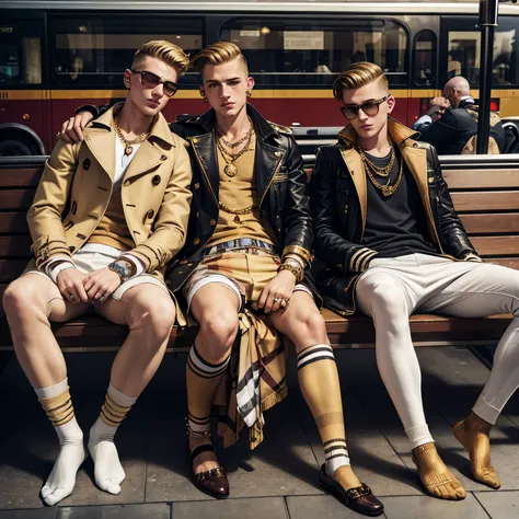 2 arrogant Burberry swagg chav blond european white boys with clean shave hype undercut haircuts, Burberry clothing, dirty Burberry socks, no shoes, lots and lots of gold rings, necklaces, bracelets, gold piercings, nose piercings, sprawled on large bench ...