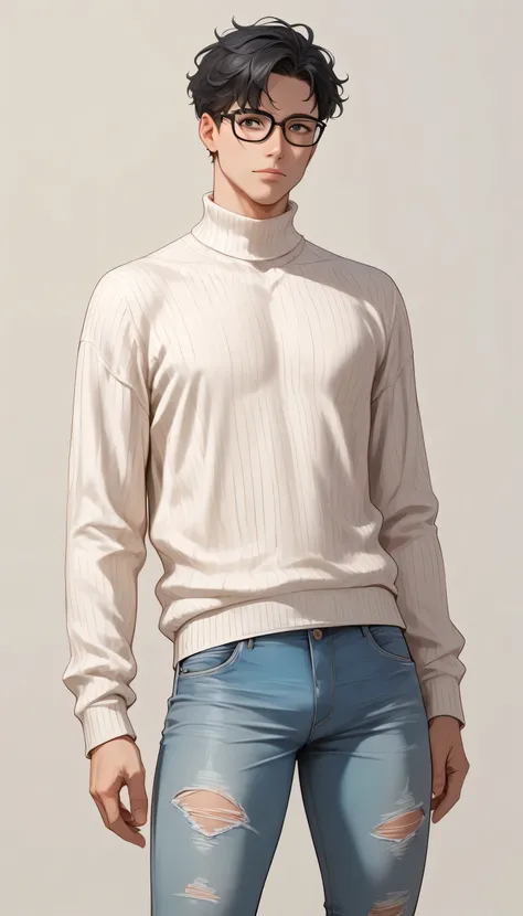 Izayoi Seishin artstyle, (score_9, score_8_up, score_7_up), (best quality, masterpiece),perfect anatomy,(aesthetic,very aesthetic),official style, (ultra-high resolution), 1boy, shaggy black hair, black glasses, white loose faded sweater, ripped jeans, mys...