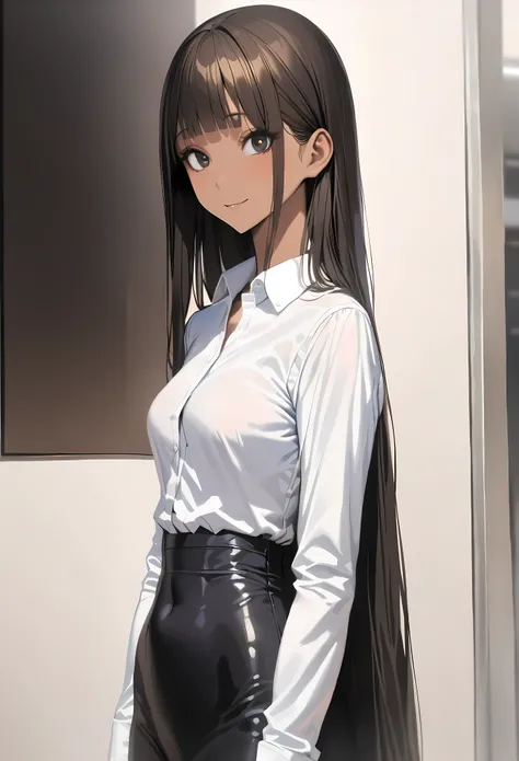 ((masterpiece,best quality anime,Highest quality:1.3)),realistic,portrait,upper body,1 bueatiful woman,((very small head:1.4)),((very long body:1.3)),straight long hair,(black hair),bangs,(gorgeous big eyes)、(tan skin),black eyes,smile,((slender body:1.3,s...