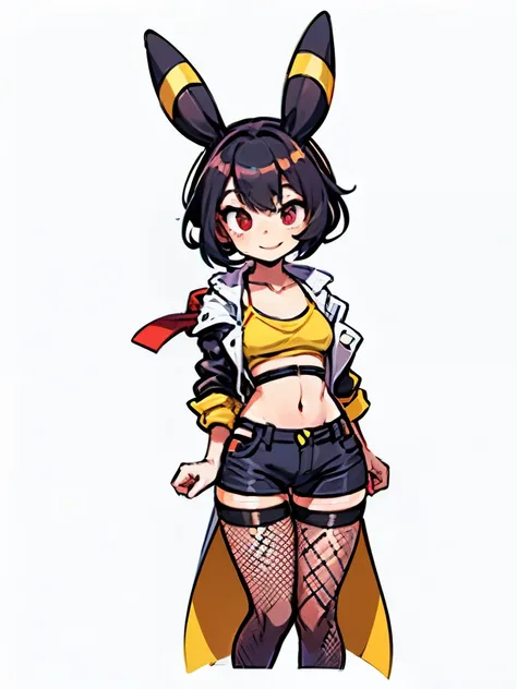 a girl with red eyes, Umbreon ears with a horizontal yellow stripe down the middle, Pixie cut hair and seductive smile, wearing black micro shorts, a small pastel pink sports bra , an open leather jacket and fishnet stockings. He has a flat chest, small hi...