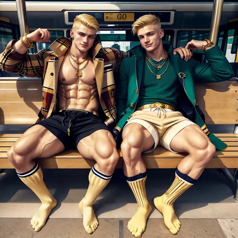 2 arrogant Burberry swagg chav blond european white boys with clean shave hype undercut haircuts, Burberry clothing, dirty Burberry socks, no shoes, lots and lots of gold rings, necklaces, bracelets, gold piercings, nose piercings, sprawled on large bench ...