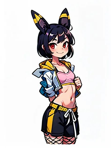 a girl with red eyes, Umbreon ears with a horizontal yellow stripe down the middle, Pixie cut hair and seductive smile, wearing black micro shorts, a small pastel pink sports bra , an open leather jacket and fishnet stockings. He has a flat chest, small hi...