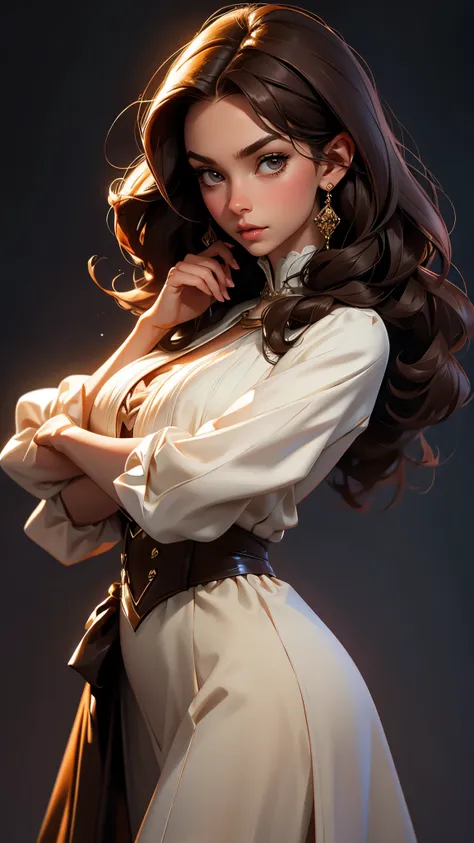 envision a 8k, highres, cinematic, beautiful extreme close up face Pinup of a sexy older mom with a slender muscular body, strong mature older face, (((long dark brown hair))), side locks, long bangs, brown eyes, thick Victorian dress, long sleeved, fluffy...