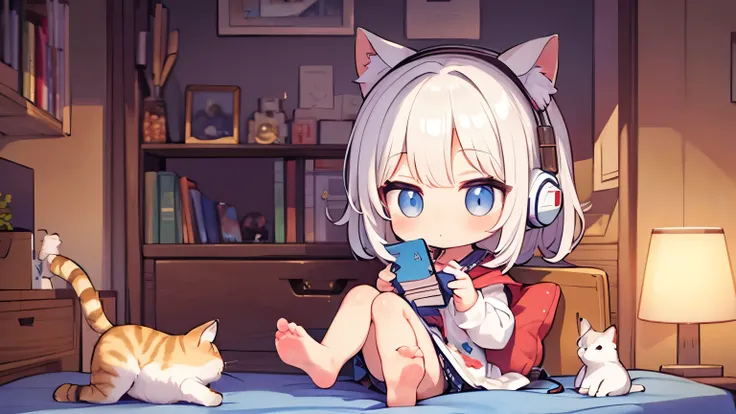 masterpiece,Cute girl and real kitten, music、headphone