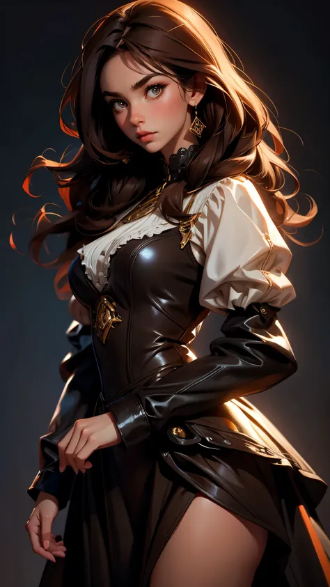 envision a 8k, highres, cinematic, beautiful extreme close up face Pinup of a sexy older mom with a slender muscular body, strong mature older face, (((long dark brown hair))), side locks, long bangs, brown eyes, thick Victorian dress, long sleeved, fluffy...