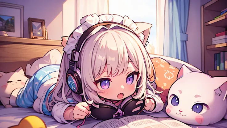 masterpiece,Cute girl and real kitten, music、headphone