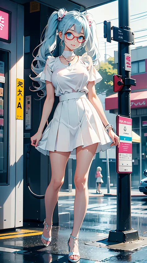 20 year old girl、(((anime-style cute face)))、((White skin)))、Light blue wavy twin tails、Very large light blue eyes:1.5、anatomically correct body、The face is bright、Professional Lighting、 slender body、masterpiece、Highest quality、delicate、Open your mouth,loo...