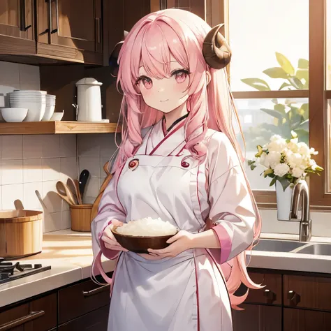 An anime-style illustration of ‘Fua-chan’ serving white rice into a bowl. Fua-chan has distinctive features: long pink hair styled in soft curls resembling sheep’s horns, and pink eyes. She is depicted standing in a cozy kitchen, holding a rice paddle in o...