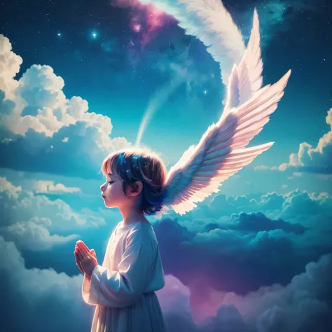 Colorful clouds,particles floating,Fantasy,Different world,Psychedelic Art,Night Sky,((A child angel is praying)),Side view angle,

